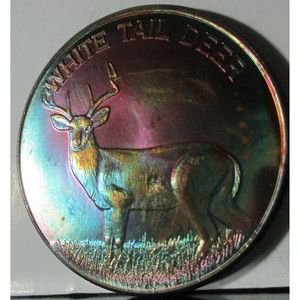 ONE Ounce 39 MM Copper Round White Tale Deer Design Rainbow Toned , STUNNING!!!